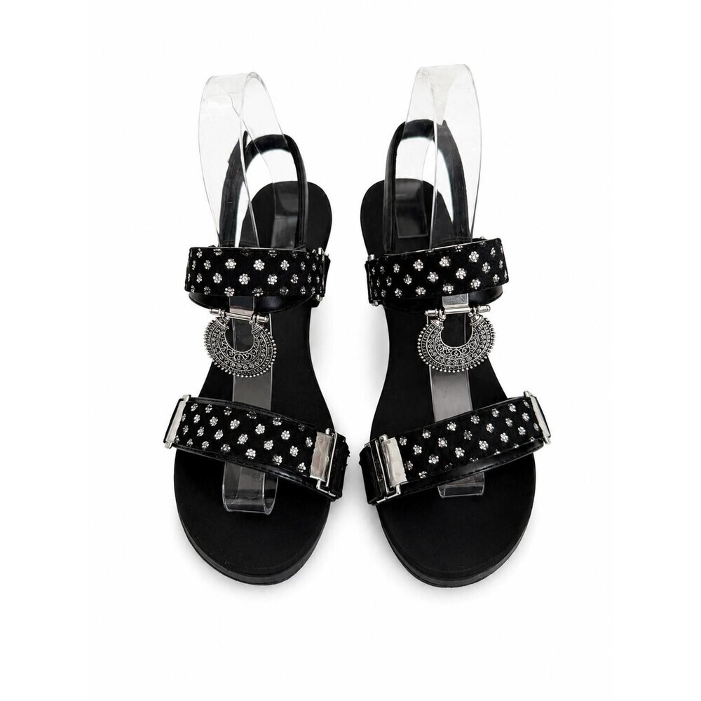 Llyndamore Womens Black Silver Studded Boho Heeled Sandals Ankle Strap Size 7